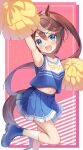  1girl absurdres alternate_costume animal_ears arm_up armpits blue_eyes blush breasts brown_hair cheerleader collarbone commentary_request hair_between_eyes hair_ornament highres horse_ears horse_girl horse_tail leg_up navel pom_pom_(cheerleading) ponytail rappi shoes simple_background small_breasts solo tail tokai_teio_(umamusume) umamusume 