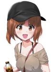  1girl absurdres alternate_costume baseball_cap between_breasts blush bra_strap breasts brown_eyes brown_hair cleavage girls_und_panzer hat highres looking_at_viewer medium_breasts nishizumi_miho open_mouth shiina_excel short_hair short_sleeves simple_background smile solo strap_between_breasts white_background 