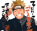  1boy black_hairband black_jacket blonde_hair closed_eyes facial_mark facing_viewer fangs grin hairband happy index_finger_raised jacket male_focus mirin_(coene65) naruto naruto_(series) short_hair sideburns simple_background smile solo translation_request upper_body uzumaki_naruto whisker_markings white_background zipper 