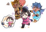  3boys black_sclera bomb chest_harness chibi chibi_inset colored_sclera constantine_xi_(fate) dark-skinned_male dark_skin explosive fate/grand_order fate_(series) harness helmet highres ka2ketchu01 lip_piercing male_focus motion_lines multiple_boys nose_piercing one_eye_closed piercing pointing pointing_at_another robe roman_clothes romulus_(fate) romulus_quirinus_(fate) running wavy_mouth x_x 