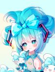  1girl :3 bare_shoulders blue_eyes blue_hair blush bow chinese_commentary cinnamiku cinnamoroll closed_mouth commentary_request detached_sleeves drop_shadow gu_gu_da_mo_wang hair_between_eyes hair_bow hair_ornament hatsune_miku head_tilt headset highres holding long_hair looking_at_viewer sanrio simple_background twintails upper_body vocaloid 