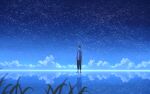  1boy anyotete barefoot black_hair blurry cloud commentary depth_of_field english_commentary grass highres horizon night night_sky open_clothes original outdoors reflective_floor scenery shirt short_hair sky solo standing star_(sky) starry_sky white_shirt wide_shot 