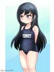  1girl asashio_(kancolle) black_hair blue_background blue_eyes blue_one-piece_swimsuit blush covered_navel gradient_background kantai_collection long_hair name_tag noba_(ne83ko61) one-piece_swimsuit school_swimsuit solo swimsuit twitter_username two-tone_background white_background 