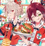  2boys ahoge burger character_name employee_uniform fast_food fast_food_uniform food french_fries genshin_impact gg_suyari green_eyes hair_bun kaedehara_kazuha looking_at_viewer male_focus mole mole_under_eye multiple_boys plaid plaid_shirt red_eyes red_hair red_shirt shikanoin_heizou shirt short_sleeves striped striped_shirt suspenders uniform white_hair 