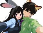  1boy 1girl :d animal_ears artist_logo black_hair blush brown_hair chitanda_eru collared_shirt cosplay fox_ears green_eyes green_shirt highres hyouka judy_hopps judy_hopps_(cosplay) long_hair long_sleeves looking_at_viewer mery_(yangmalgage) necktie nick_wilde nick_wilde_(cosplay) open_mouth oreki_houtarou purple_eyes rabbit_ears shirt short_hair smile striped_necktie white_background zootopia 