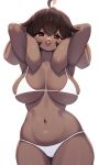  1girl absurdres ahoge animal_ears bikini breasts brown_hair commentary english_commentary furry furry_female highres large_breasts looking_at_viewer navel original red_eyes simple_background solo swimsuit white_background white_bikini whooo-ya 
