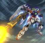  absurdres albert_rbk beam_rifle buster_rifle clenched_hand energy_gun firing flying green_eyes gun gundam gundam_wing highres holding holding_gun holding_weapon mecha mechanical_wings mobile_suit no_humans robot science_fiction solo speed_lines thrusters twitter_username v-fin weapon wing_gundam_zero wings 