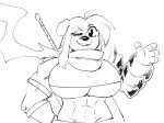  2023 4_fingers abs ahoge anaugi anthro armband armor big_breasts black_and_white breasts canid canine canis clothed clothing domestic_dog female fingers hair huge_breasts mammal melee_weapon midriff miel_gallerte_(anaugi) monochrome one_eye_closed pauldron scarf simple_background sketch smile solo sword under_boob weapon white_background wink 