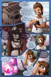  anthro big_breasts black_hair blue_eyes breasts brown_hair canid canine clothed clothing colored comic dialogue duo english_text female fox gender_transformation hair hi_res human long_hair magic male mammal mtf_transformation purple_eyes shrine speech_bubble surprised_expression text transformation visorelle wallet 