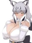  1girl alternate_breast_size animal_ear_fluff animal_ears bare_shoulders belt bikini bikini_under_clothes black_hair blush bow bowtie breasts breasts_out buttons canadian_lynx_(kemono_friends) center_opening cleavage closed_mouth colored_inner_hair covered_nipples detached_sleeves extra_ears fur-trimmed_sleeves fur_scarf fur_trim furrowed_brow grey_hair hair_between_eyes half-closed_eyes hands_up highres huge_breasts kemono_friends long_hair looking_at_viewer lynx_ears multicolored_hair partially_unbuttoned puffy_nipples scarf seductive_smile shibori_kasu shirt simple_background smile solo swimsuit upper_body white_background white_bikini white_hair yellow_eyes 