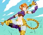  1girl animal_ears breasts breath_of_fire breath_of_fire_ii bustier cat_ears cat_tail cloud facial_mark green_eyes gurata highres orange_hair pointy_ears rinpoo_chuan short_hair smile solo staff tail 