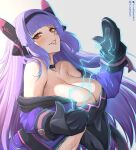 1girl absurdres bandeau bare_shoulders black_choker black_hairband blunt_bangs breasts challenger_dominiel choker commentary electricity epic_seven grey_background grin hairband highres jacket large_breasts long_hair long_sleeves looking_at_viewer midriff mittens navel off_shoulder purple_hair purple_jacket red_eyes smile solo stomach strapless tube_top upper_body very_long_hair yunareas 