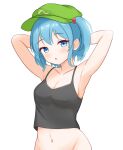  1girl armpits arms_behind_head black_tank_top blue_eyes blue_hair bottomless breasts cleavage commentary flat_cap green_headwear groin hair_bobbles hair_ornament hat highres kasoka_soka kawashiro_nitori looking_at_viewer medium_breasts open_mouth short_hair simple_background solo tank_top touhou two_side_up upper_body white_background 