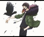  1boy belt bird black_pants black_shirt boku_no_hero_academia brown_belt brown_hair collared_shirt coppe crow feather-trimmed_jacket gloves green_jacket hand_in_pocket hood hooded_jacket jacket male_focus mask mouth_mask necktie overhaul_(boku_no_hero_academia) pants plague_doctor_mask shirt shirt_tucked_in short_hair single_glove solo very_short_hair white_gloves white_necktie yellow_eyes 