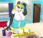  anthro badgerben bathroom bathroom_tiles bathtub bear big_breasts blonde_hair blue_eyes breasts detailed_background drying drying_hair eyelashes female giant_panda hair lee_(badgerben) looking_up mammal mostly_nude open_mouth shower_curtain sink soap solo tap towel 