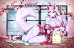  2023 anthro asian_clothing breasts camel_toe canid canine cherry_blossom clothing digital_media_(artwork) east_asian_clothing female fox fur furry japanese_clothing kimono lamp looking_at_viewer mammal plant purplelemons smile solo white_body white_fur 