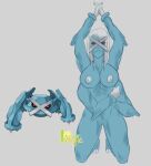  arms_above_head big_breasts bittervow blue_body blue_skin breasts claws female flexing frown generation_3_pokemon genitals hair hi_res humanoid metagross muscular muscular_female nintendo nipples nude pokemon pokemon_(species) pussy red_eyes solo stretching white_body white_hair white_nipples white_skin 