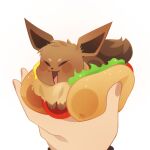  1:1 absurd_res ambiguous_gender brown_body brown_fur chocoholicmonkey duo eevee eyebrows eyes_closed feral fingers food fur generation_1_pokemon hi_res hot_dog human mammal nintendo open_mouth open_smile pokemon pokemon_(species) simple_background smile tail white_background 