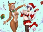 2girls alternate_costume animal_costume animal_hood aversa_(fire_emblem) bow bowtie breasts candy candy_cane christmas fire_emblem fire_emblem_awakening fire_emblem_heroes food gift green_bow green_bowtie hat highres holding holding_gift hood igni_tion kiran_(female)_(fire_emblem) large_breasts looking_at_viewer multiple_girls navel partially_unzipped purple_hair reindeer_costume reindeer_hood santa_costume santa_hat snowflakes white_hair 