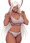  1girl abs absurdres adjusting_clothes animal_ears bare_shoulders boku_no_hero_academia breasts calvin_klein cleavage collarbone condom condom_in_mouth dark-skinned_female dark_skin english_commentary grey_panties grey_sports_bra highres large_breasts long_eyelashes long_hair looking_at_viewer mirko mouth_hold navel panties parted_bangs rabbit_ears rabbit_girl red_eyes signature smile solo speedl00ver sports_bra stomach teeth thick_thighs thighs toned underwear white_background white_hair 