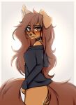  2023 absurd_res anthro apogee_(tinygaypirate) blush bottomless bottomless_anthro bottomless_female breasts butt canid canine canis choker clothed clothing digital_media_(artwork) domestic_dog female female_anthro floppy_ears fur hair hi_res hoodie hoodie_only jewelry kemono kutoshi long_hair looking_at_viewer mammal necklace piercing small_breasts solo spitz tail tattoo topwear topwear_only 