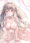  1girl areola_slip arm_support bare_arms blush breasts bridal_veil brown_eyes brown_hair cleavage commentary_request confetti covered_nipples dress frilled_dress frills garter_straps hair_between_eyes hair_ornament hair_ribbon heart heart_hair_ornament highres long_hair looking_at_viewer medium_breasts original parted_lips ribbon see-through see-through_dress solo twintails veil very_long_hair watagashi_yui white_background white_dress 