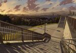  absurdres building city cityscape cloud commentary_request evening grass highres house lamppost marimo_(marimo2468) mountain mountainous_horizon no_humans original railing scenery shadow sky skyscraper stairs sunset tree 