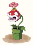  :d blush blush_stickers commentary_request flower highres leaf mario_(series) no_humans omochiutyu on_head open_mouth pink_flower piranha_plant plant sharp_teeth simple_background smile spindrift sweatdrop teeth tongue warp_pipe yellow_background 