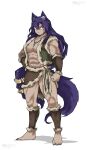  1girl abs animal_ears breasts cleavage clenched_hand frown fur_trim highres jewelry long_hair looking_to_the_side muscular muscular_female necklace open_clothes open_vest original purple_hair red_eyes rekid3su scar scar_on_face skirt solo tail vest white_background 