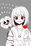  0725akaba 1other blush chara_(undertale) fangs flower flowey_(undertale) grey_background grin heart highres long_sleeves looking_at_viewer monochrome pixelated puffy_long_sleeves puffy_sleeves red_eyes shirt short_hair simple_background sleeves_past_wrists smile undertale upper_body 