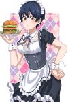  1girl absurdres alternate_costume apron argyle argyle_background artist_name black_dress black_hair breasts brown_eyes burger cleavage dress enmaided food frilled_dress frills hand_on_own_hip highres holding holding_tray izumo_fuuko maid maid_apron maid_headdress medium_breasts shishiruto short_hair short_sleeves solo standing tray undead_unluck waitress wrist_cuffs 