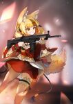  1girl absurdres animal_ear_fluff animal_ears assault_rifle blonde_hair blurry blurry_background commentary commission english_commentary feet_out_of_frame fingerless_gloves fire_emblem fn_scar fox_ears fox_girl fox_tail fur-trimmed_jacket fur_trim glint gloves gold grin gun hair_ornament highres holding holding_weapon jacket muff_(omochilab) obi red_jacket red_sash red_skirt red_wrist_cuffs rifle sash second-party_source selkie_(fire_emblem) short_hair skeb_commission skirt smile solo standing tail tassel tassel_hair_ornament thigh_strap weapon white_gloves wide_sleeves wrist_cuffs yellow_eyes yellow_tail 