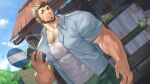 1boy bara beard blue_shirt brown_hair chest_hair closed_mouth cloud day facial_hair green_shorts holding holding_phone large_pectorals looking_at_viewer male_focus muscular muscular_male mustache_stubble official_art oji-mama_(skskdan) open_clothes open_shirt outdoors pectorals phone shirt short_hair shorts sisimaru_hoshiura sky smile solo tank_top ttn_(239_239) white_tank_top 
