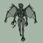  2018 anthro breasts cthulhu cthulhu_mythos dropping_object eldritch_abomination empty_eyes face_tentacles female front_view full-length_portrait genitals ggtfimz h.p._lovecraft hi_res looking_at_viewer membrane_(anatomy) membranous_wings monochrome nipples nude open_hand portrait pussy rock simple_background sketch small_waist solo spines spread_wings sunken_eyes tentacles webbed_feet webbed_hands wings 