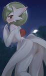  1girl absurdres ass back blue_sky blurry blurry_background blush bob_cut breasts breath censored colored_skin commentary dark depth_of_field elbow_gloves from_behind gardevoir gloves gradient_sky green_hair half-closed_eyes hand_to_own_mouth hand_up highres large_breasts leaning_forward leg_up looking_at_viewer looking_back mega_gardevoir mega_pokemon moon mosaic_censoring narrow_waist night no_panties outdoors pokemon pokemon_(creature) presenting pussy red_eyes saliva saliva_trail shengtian shiny_skin short_hair sky solo standing standing_on_one_leg star_(sky) thighs tongue tongue_out topless tree white_gloves white_skin 