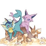  :d :o bright_pupils brown_eyes closed_mouth commentary eevee english_commentary espeon forehead_jewel furoshiki looking_at_another looking_down mjoyart mouth_hold no_humans open_mouth pokemon pokemon_(creature) purple_eyes rock sand simple_background smile through_ground vaporeon white_background white_pupils wiglett 