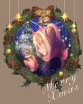  1girl absurdres acorn animal_ears bell blush bow breath brown_background christmas christmas_tree christmas_wreath closed_mouth coat ear_covers hair_intakes hands_up haru_urara_(umamusume) highres horse_ears long_sleeves merry_christmas mittens moko39_takasora pink_eyes pink_hair ponytail profile purple_coat ribbon scarf short_hair smile snow_globe solo umamusume wreath 