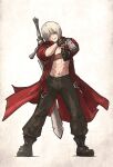  ankle_boots bare_pectorals black_gloves blue_eyes boots coat dante_(devil_may_cry) devil_may_cry_(series) devil_may_cry_3 dual_wielding ebony_&amp;_ivory fingerless_gloves gloves gun handgun highres holding holding_gun holding_weapon ironlily long_coat muscular muscular_male open_clothes open_coat pants pectorals rebellion_(sword) red_coat smirk sword sword_on_back weapon weapon_on_back white_hair 