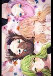  4girls animal_ears blonde_hair blue_eyes blue_flower blush brown_hair cat_ears closed_eyes fish_hair_ornament flower from_above fumino_tamaki green_eyes green_hair hair_ornament hair_ribbon highres ienaga_mugi long_hair lying morinaka_kazaki multiple_girls nijisanji orange_flower pillarboxed pink_flower pink_hair purple_flower purple_ribbon red_flower ribbon short_hair tanaro virtual_youtuber yellow_flower yuuhi_riri 