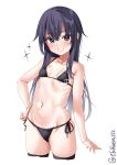  1girl akatsuki_(kancolle) bare_shoulders bikini black_thighhighs blush breasts collarbone cropped_legs ebifurya hair_between_eyes hand_on_own_hip highres kantai_collection long_hair looking_at_viewer navel one-hour_drawing_challenge purple_eyes purple_hair side-tie_bikini_bottom simple_background small_breasts solo stomach swimsuit thighhighs thighs twitter_username white_background 