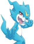  2023 5_fingers anthro bandai_namco blue_arms blue_fingers blue_hands blue_tail digimon digimon_(species) double_v_sign fingers gesture hi_res looking_at_viewer monotone_tail multicolored_body one_eye_closed open_mouth pose shoru simple_background solo tail teeth tongue tongue_out v_sign veemon white_background white_body 