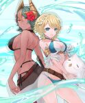  2girls ass back-to-back bikini black_one-piece_swimsuit blue_bikini blue_eyes breasts character_doll criss-cross_halter dark-skinned_female dark_skin fake_horns feather_trim feh_(fire_emblem_heroes) fire_emblem fire_emblem_heroes fjorm_(fire_emblem) fjorm_(summer)_(fire_emblem) flower green_hair hair_flower hair_ornament halterneck highres horns inflatable_toy laegjarn_(fire_emblem) laegjarn_(summer)_(fire_emblem) large_breasts medium_breasts multicolored_hair multiple_girls official_alternate_costume one-piece_swimsuit orange_hair red_eyes sakura_no_yoru sarong short_hair smile swimsuit teeth 