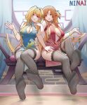  2girls alice_zuberg asuna_(sao) black_thighhighs blonde_hair blue_eyes brown_eyes brown_hair china_dress chinese_clothes dress feet foot_focus full_body highres lace lace-trimmed_legwear lace_trim long_hair looking_at_viewer multiple_girls navel ninai no_bra panties pelvic_curtain revealing_clothes see-through smile soles sword_art_online sword_art_online:_alicization thighhighs thighs underwear yuri 