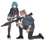  1boy 1girl american_flag animal_ears aqua_hair aqua_nails ashley_graham belt bomber_jacket bracelet cat_ears eyeliner hand_on_own_chin holding holding_rocket_launcher holding_weapon jacket jewelry leon_s._kennedy long_sleeves makeup multiple_belts nail_polish official_alternate_costume official_alternate_hair_color on_one_knee pantyhose pink_nails print_shirt resident_evil resident_evil_4 resident_evil_4_(remake) rocket_launcher sardine_(kjr0313) shirt shirt_under_shirt short_hair shorts striped striped_shirt t-shirt watch weapon wristwatch 