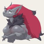  2023 anthro bedroom_eyes big_breasts breasts covering covering_breasts diagamon female generation_5_pokemon hair long_hair looking_at_viewer narrowed_eyes neck_tuft nintendo pokemon pokemon_(species) red_hair seductive simple_background smile solo tuft zoroark 