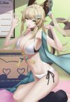  1girl :p absurdres animal_ear_fluff animal_ears bare_shoulders bikini black_choker blonde_hair breasts cat_ears cat_tail choker commentary_request genshin_impact green_eyes hair_ornament hairclip highres kirara_(genshin_impact) large_breasts legsta long_hair looking_at_viewer multiple_tails navel ok_sign smile solo stomach swimsuit tail tongue tongue_out two_tails very_long_hair white_bikini 