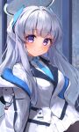  1girl absurdres blue_archive blunt_bangs blush breasts commentary grey_hair hair_ornament halo highres id_card jacket looking_at_viewer mechanical_halo medium_breasts necktie noa_(blue_archive) purple_eyes school_uniform shumai_il smile solo uniform white_hair window 