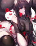  1girl all_fours animal_ear_fluff animal_ears bare_shoulders belt black_hair black_thighhighs breasts closed_mouth expressionless large_breasts long_hair looking_at_viewer original red_eyes shorts simple_background sketch solo tail thighhighs usa37107692 white_background white_shorts 