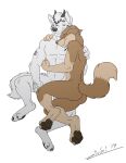  2019 anthro butt canid canine canis cuddling digital_media_(artwork) duo eyes_closed fur hair hi_res horn juano male male/male mammal nude simple_background stripes tail wolf 