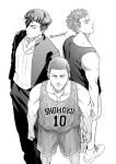  3boys closed_mouth greyscale highres jacket male_focus monochrome multiple_boys multiple_persona muscular muscular_male om3632f open_clothes open_jacket open_mouth pants pectorals pompadour sakuragi_hanamichi shirt short_hair shorts slam_dunk_(series) smile tank_top twitter_username 
